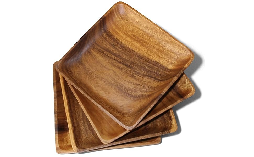 Wooden Plate Set 4 Wood Plate Food Handcrafted Acacia Hardwood Tableware for Dinner Lunch Breakfast