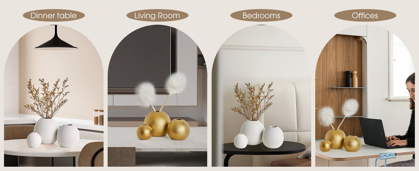 Ceramic Vase Set of 3 for Modern Home Decor, Boho Vase White Round Vase Minimalist Decorative Vase