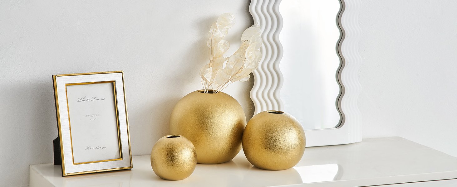 Gold Vase Ceramic Vase Set of 3 Modern Vases for Decor, Gold Vases Home Decor, Round Decorative Vase