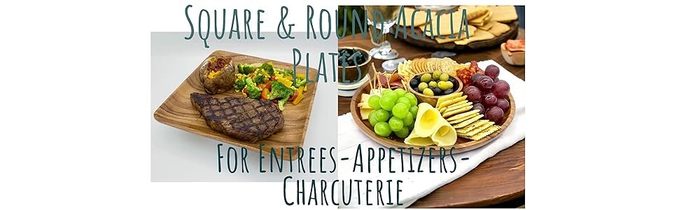 Wood Plate Acacia Round Steak Dinner Food Server Dinnerware Handcrafted Durable BBQ Picnic Pizza 