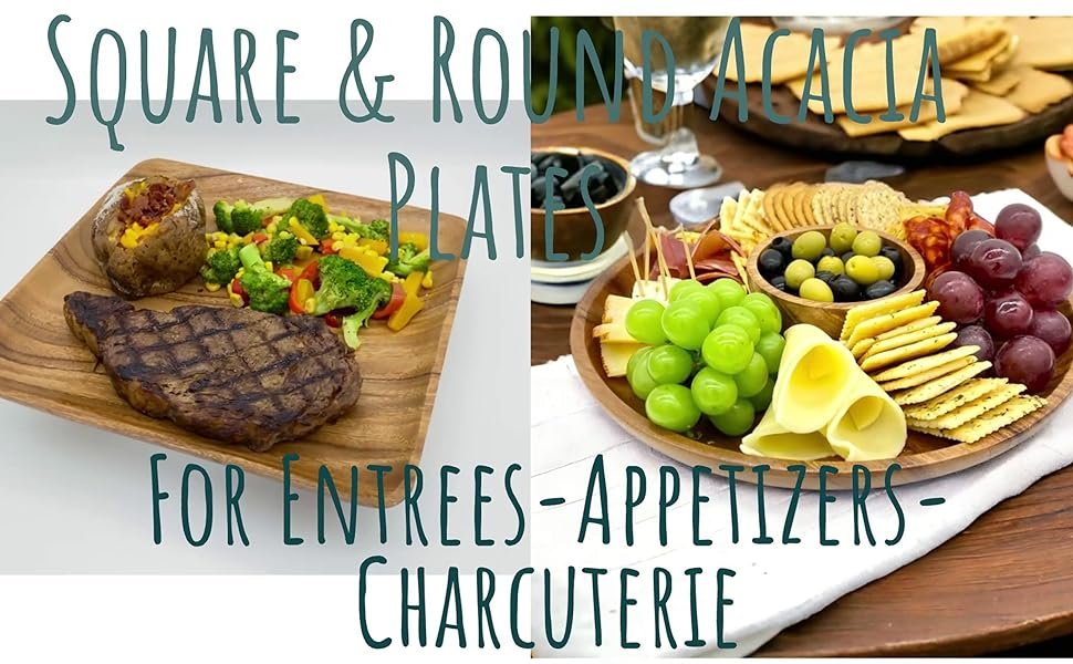 Square Round Acacia Platter Tray Entree Bread Side Dish Display Unbreakable Durable Handcrafted